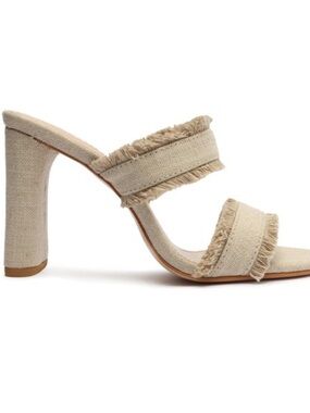 Anthropologie SCHUTZ Linen Double-Strap Fringe Heel in Natural Beige